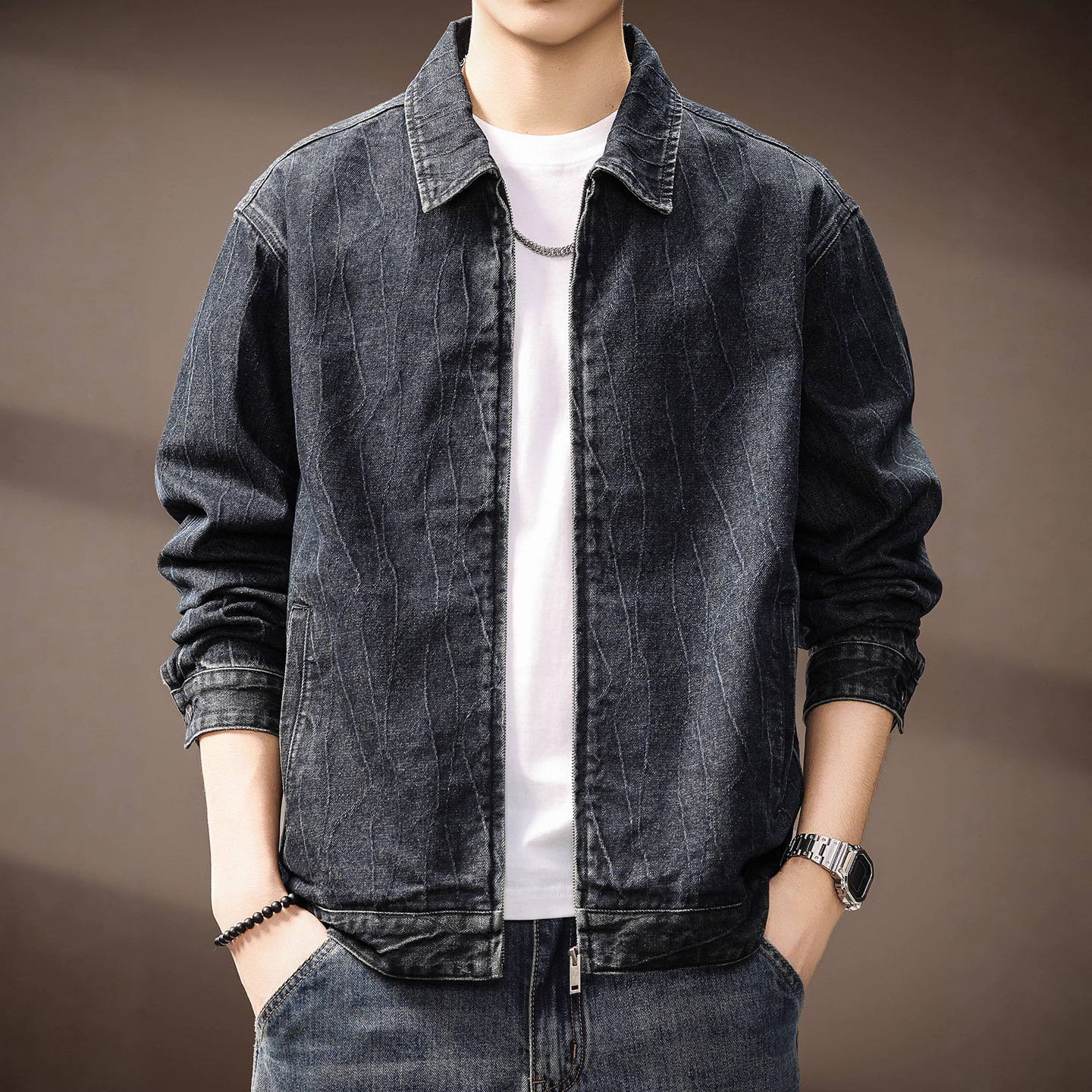 高定提花肌理潮牌牛仔外套男士