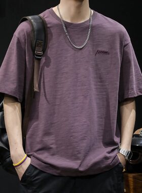 竹节纯棉短袖t恤男士夏季衣服