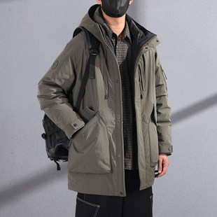 全定制雾绿色工装羽绒服男士中长款冬季加绒加厚保暖冲锋衣男外套