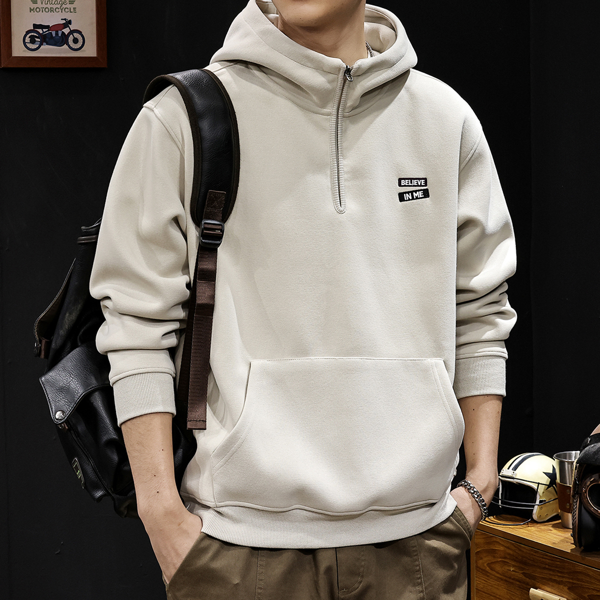 半拉链连帽美式套头卫衣