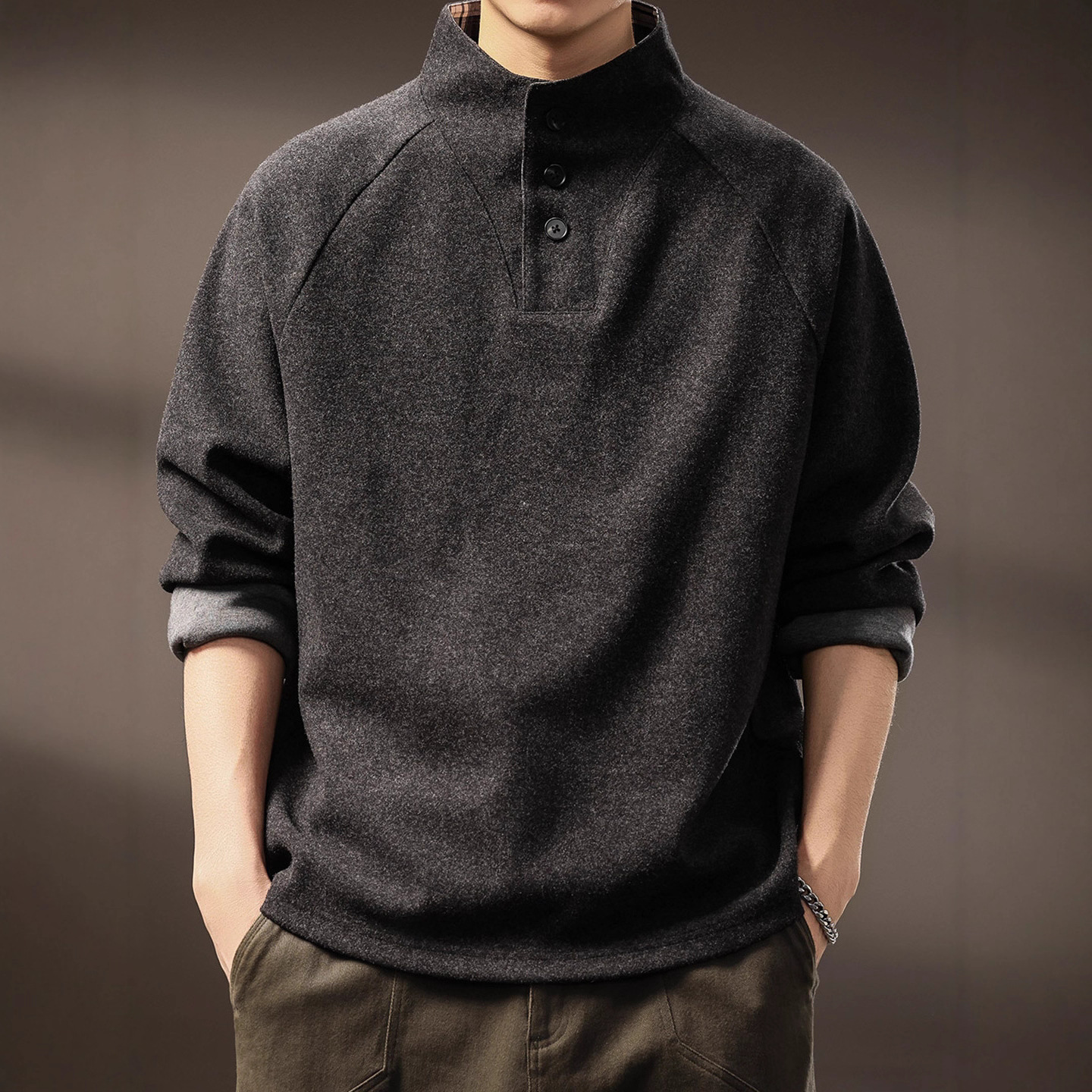 高端绒面质感拼接立领Polo衫男
