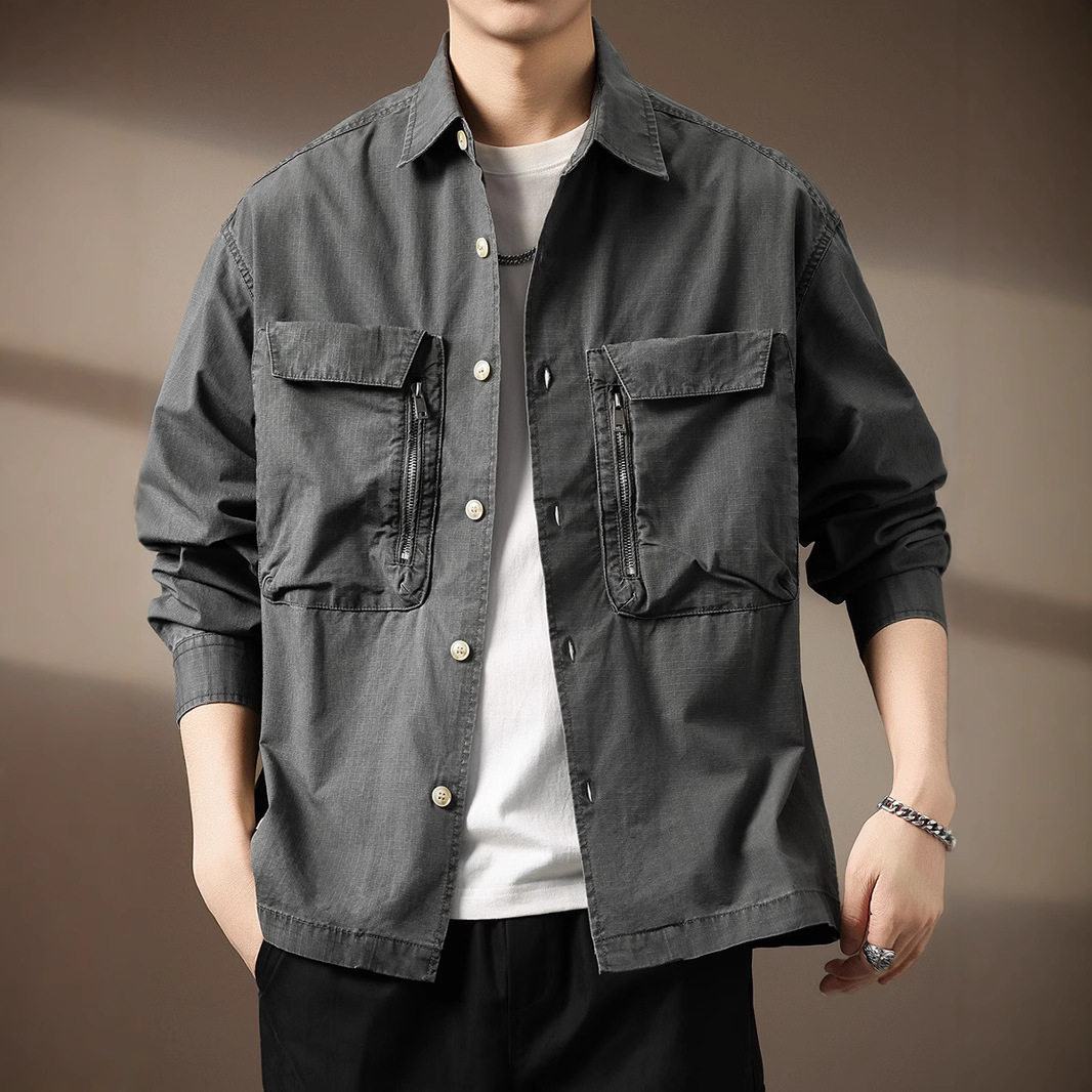 美式复古洗褪重磅工装长袖衬衫男秋季新款格纹宽松翻领夹克外套男