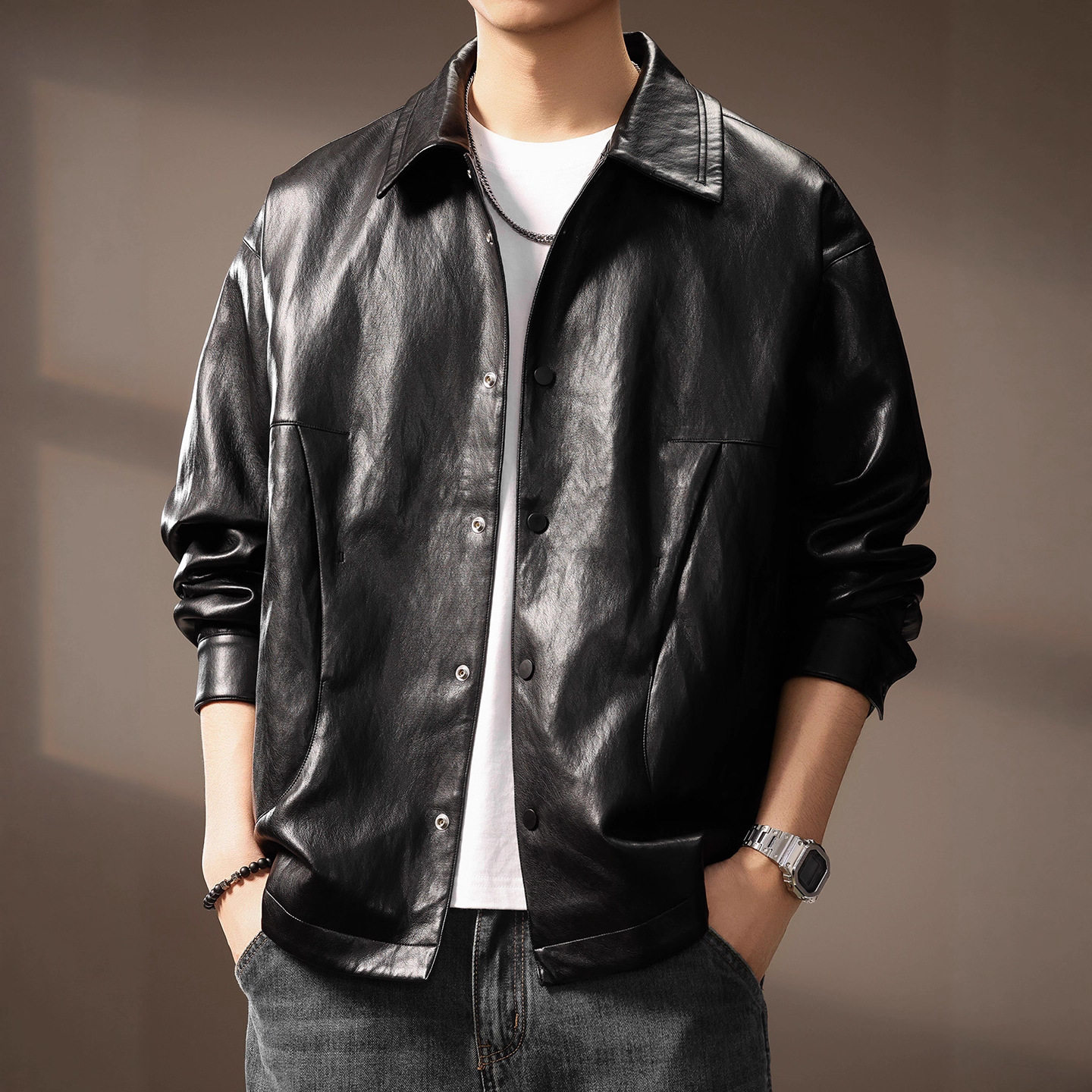 高端日系复古老钱风翻领PU皮衣夹克男秋季新款机车风宽松痞帅外套
