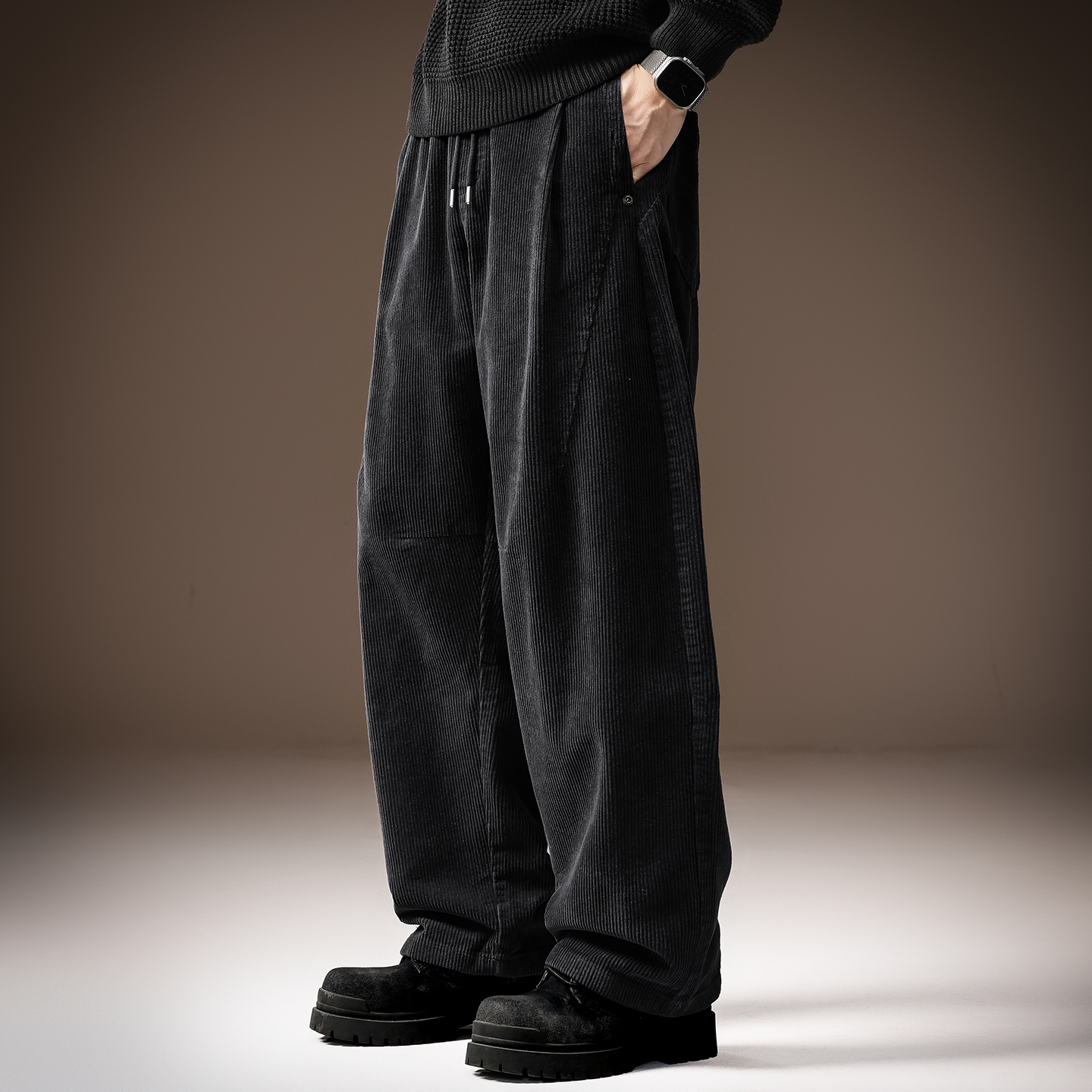 美式重磅慵懒风灯芯绒老爹弯刀裤