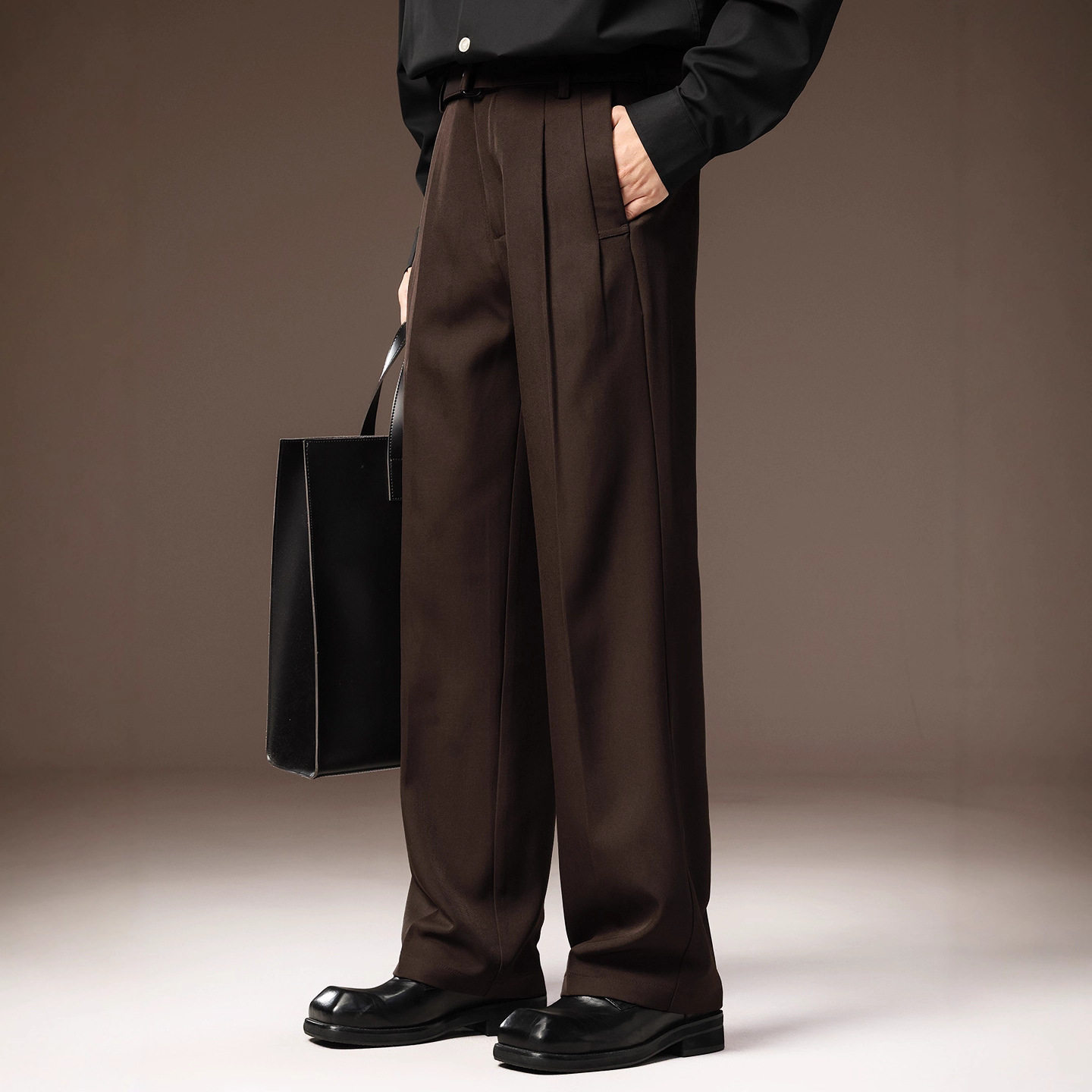 高端老钱风压褶设计垂感直筒西裤男秋季新款免烫高腰休闲西装裤子