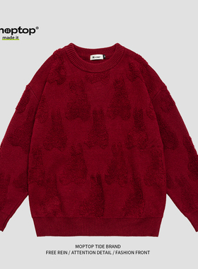 Mmoptop冬季复古宽松龙年限定红色毛衣男士情侣春装内搭针织毛衫