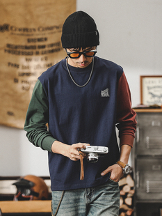 美式复古潮流拼色男士长袖t恤纯棉秋季2025新款潮牌宽松男士上衣