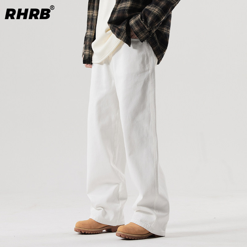 RHRB男士白色牛仔裤男款春秋直筒阔腿高个子加长美式潮牌裤子夏季