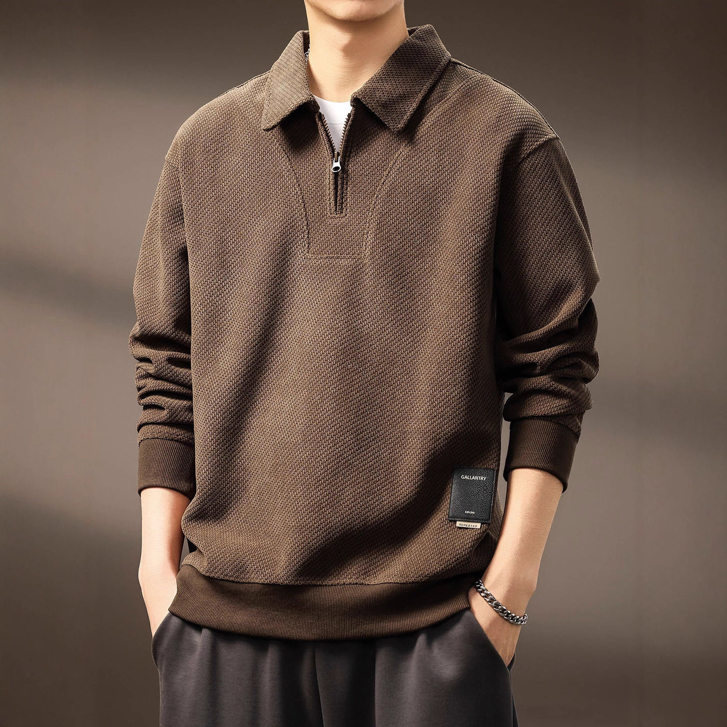 高端半拉链雪尼尔立领卫衣男秋季新款条绒长袖Polo衫宽松大码上衣