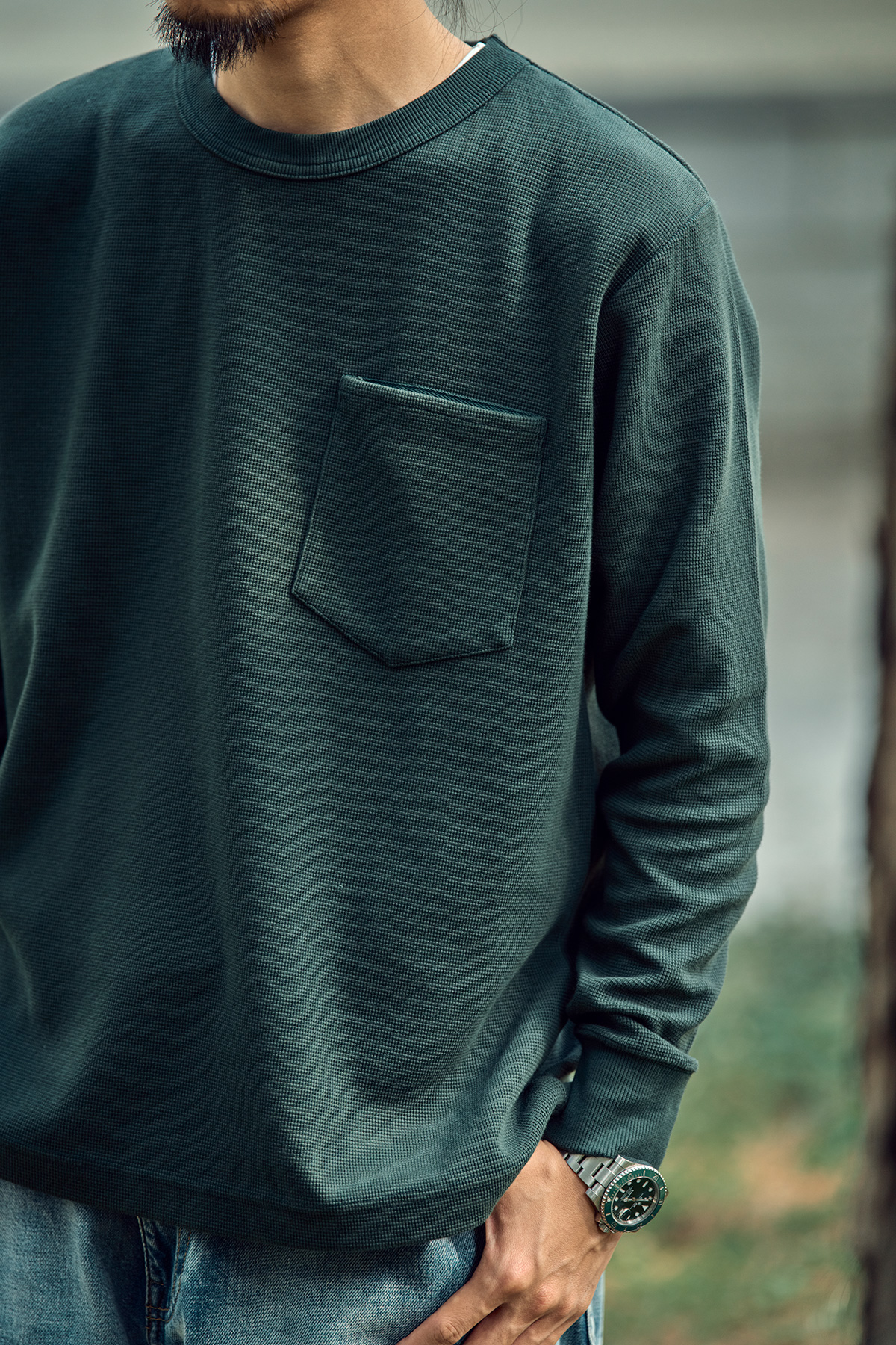 日本面料华夫格圆领长袖tee