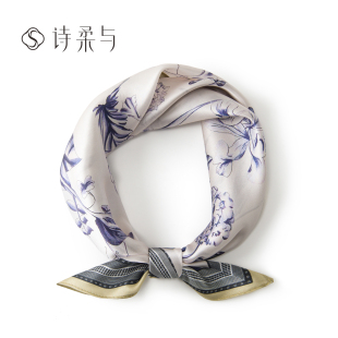 通勤衬衫 复古小方巾 配饰发带女 法式 清新蓝白花卉桑蚕丝领巾