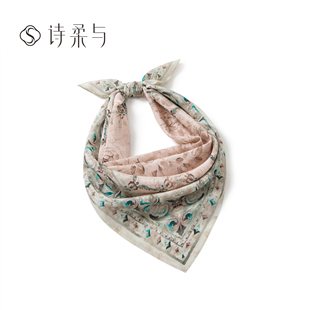 浅粉宫廷卷草印花女士真丝中方巾桑蚕丝双绉缎温柔显白围脖发带