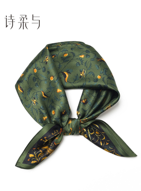 新款田园绿色碎花丝巾女真丝桑蚕丝围巾中年妈妈护颈领巾70方巾