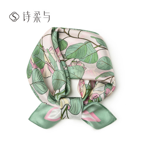 法式碎花方巾桑蚕丝柔光慵懒发饰度假风小清新围脖领巾新年送礼