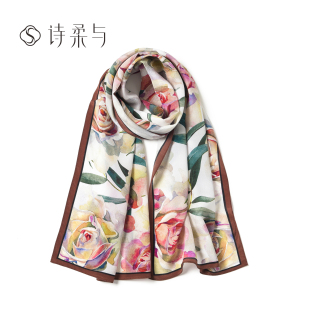 式 真丝女士长巾水彩玫瑰印花热门款 精致百搭送礼通勤 新款 2026夏季