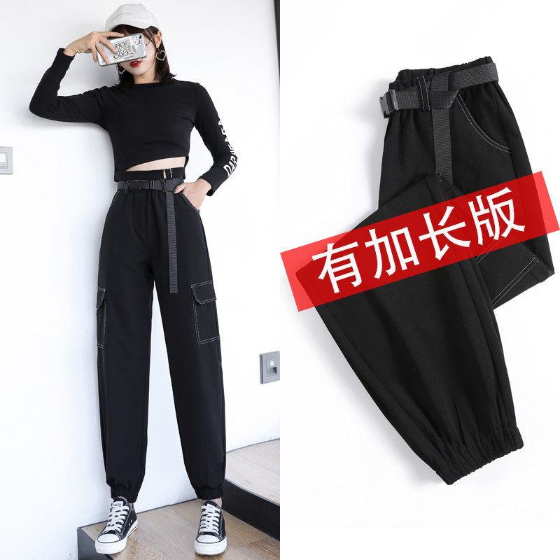 加长加绒工装裤女秋冬帅气显瘦学生高腰宽松束脚运动休闲黑色裤子