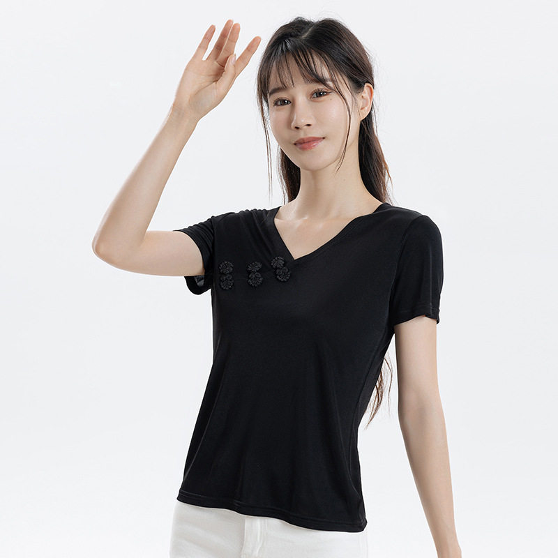 新中式国风V领盘扣真丝短袖T恤女春夏季桑蚕丝针织纯色上衣打底衫