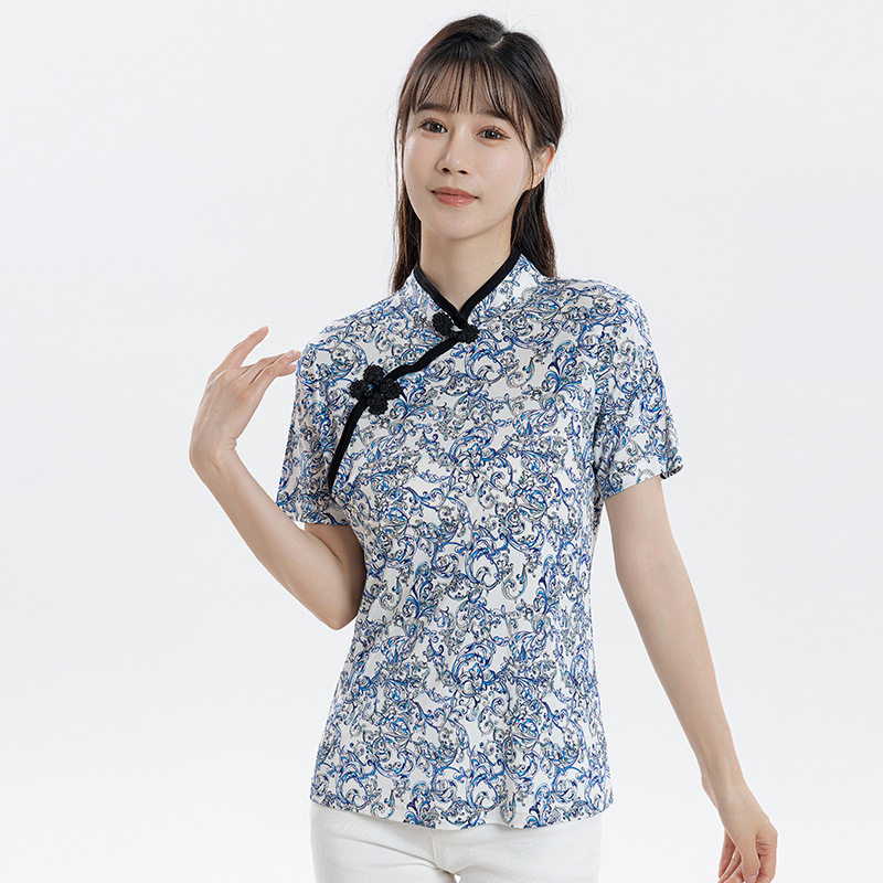 国风针织真丝t恤新中式盘扣立领上衣修身显瘦桑蚕丝短袖女夏新款