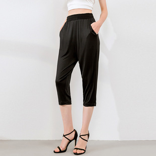 女夏季 桑蚕丝裤 薄款 休闲妈妈中裤 子透气 宽松哈伦裤 针织真丝七分裤