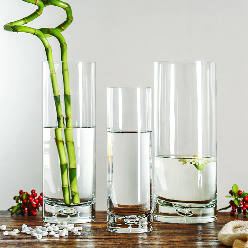 加厚玻璃泡花瓶透明圆柱形水培富贵竹插鲜花器样板房客厅桌面摆件