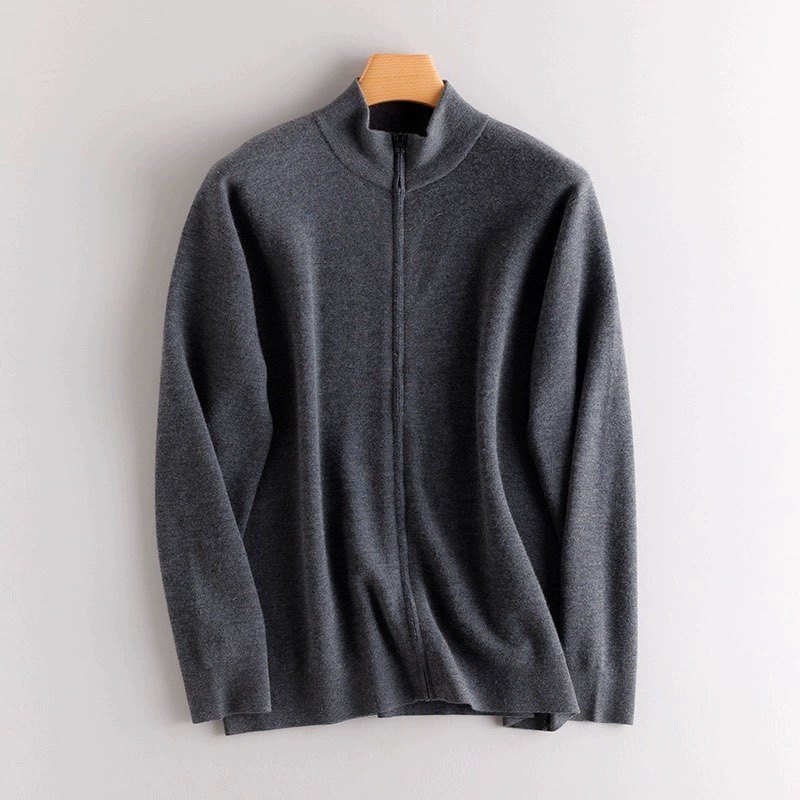 羊绒新品男款16针68支精纺纯羊绒空气层加厚拉链开商务休闲简约