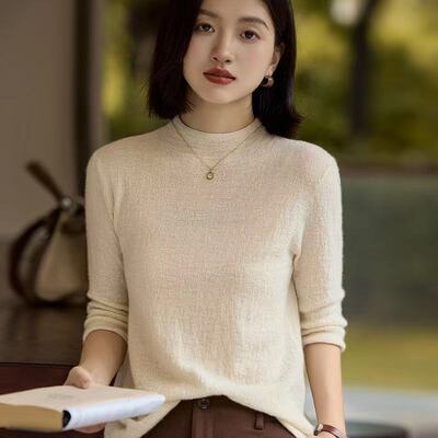 YRC1006羊绒新品68支精纺100%山羊绒肌理纹五分袖打底衫