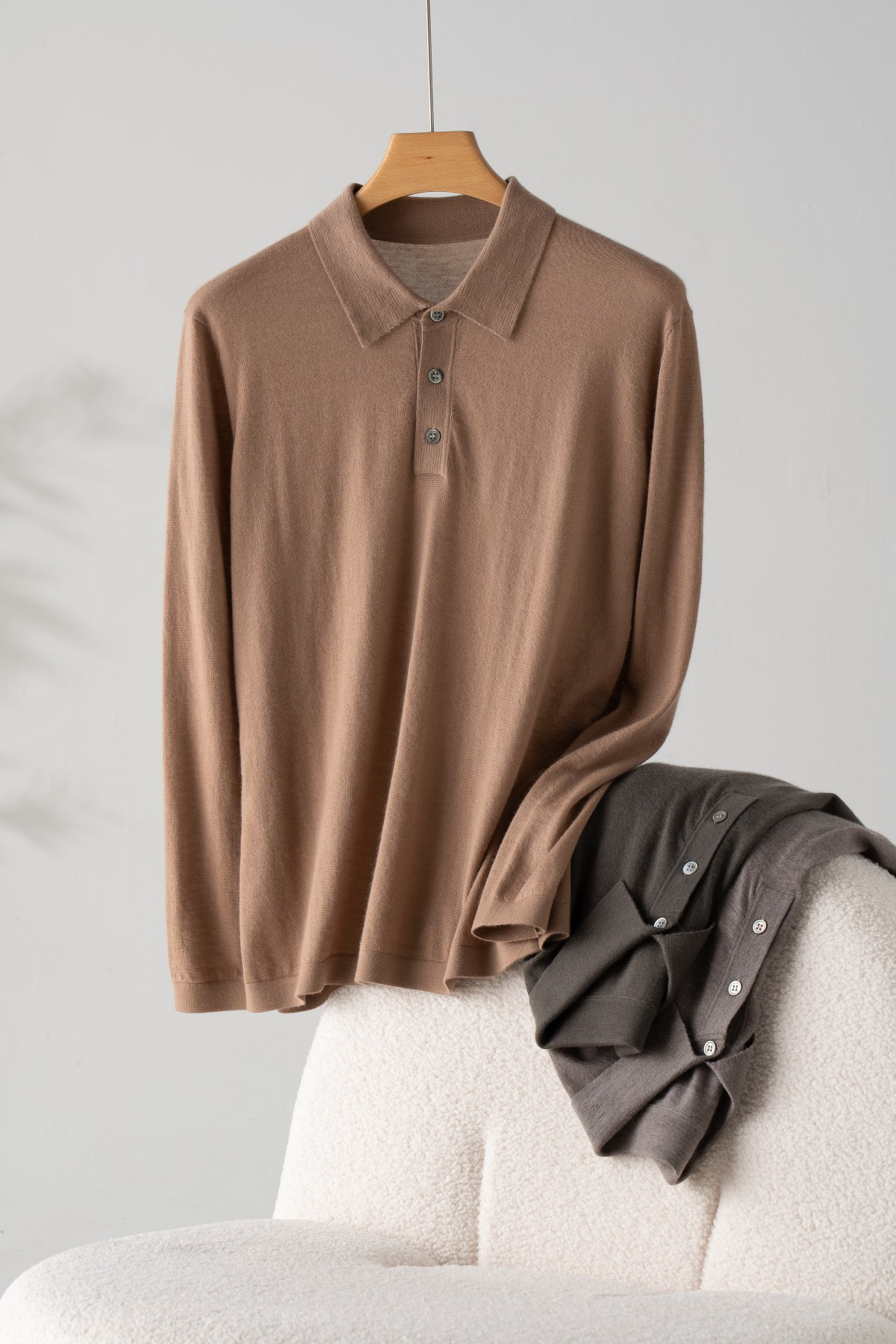 男士精纺POLO领纯色长袖针织羊绒衫秋冬新品68支精纺