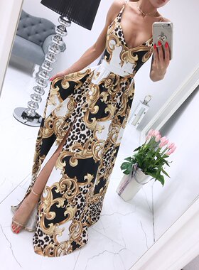 独立站wish亚马逊欧美风2021夏装新款印花礼服拖地连衣裙女装