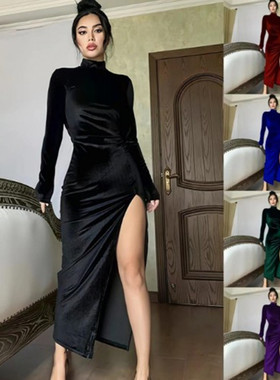 欧美女装亚马逊速卖通春秋高领丝绒长裙修身皱褶开叉连衣裙