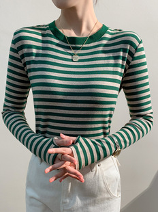 纯棉加厚手指套袖小衫女圆领条纹连手套长袖t恤内搭勾手指打底衫