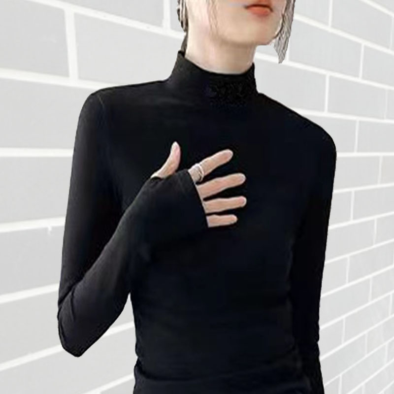 德绒手套袖秋衣女冬内搭中半高领护手小衫套指体恤拇指扣保暖衣服