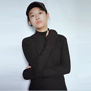 德绒半指手套高领打底衫女带绒手指洞上衣护手秋衣学生露指袖t恤
