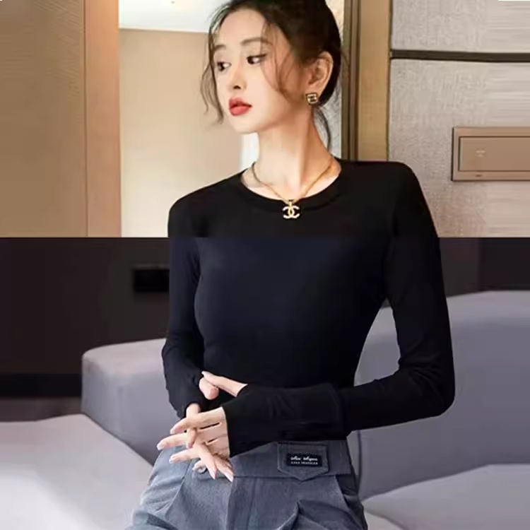 纯棉小衫女秋冬护指连袖套指t恤衫内穿半高圆领漏拇指手洞上衣服