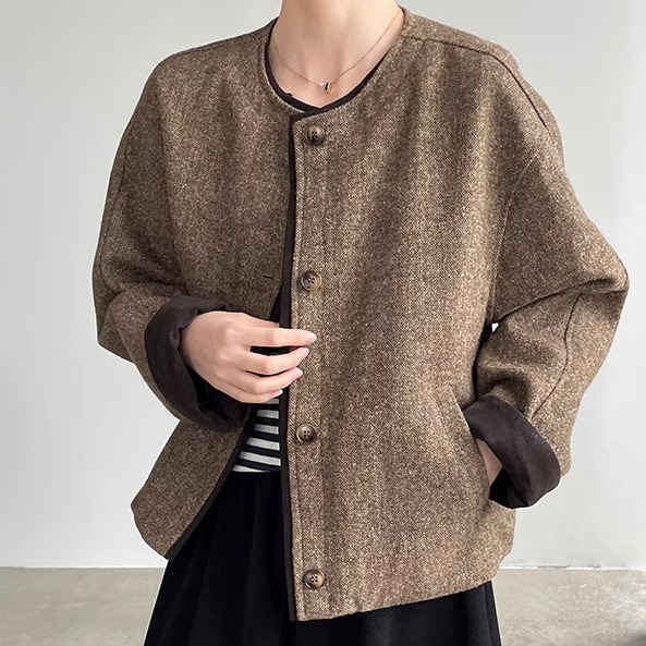 韩系设计感圆领拼接羊毛毛呢外套