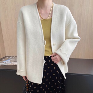 新中式白色双面羊绒大衣女款2025新款秋冬小个子羊毛短款毛呢外套