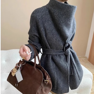 斗篷式中长款双面羊毛呢大衣外套