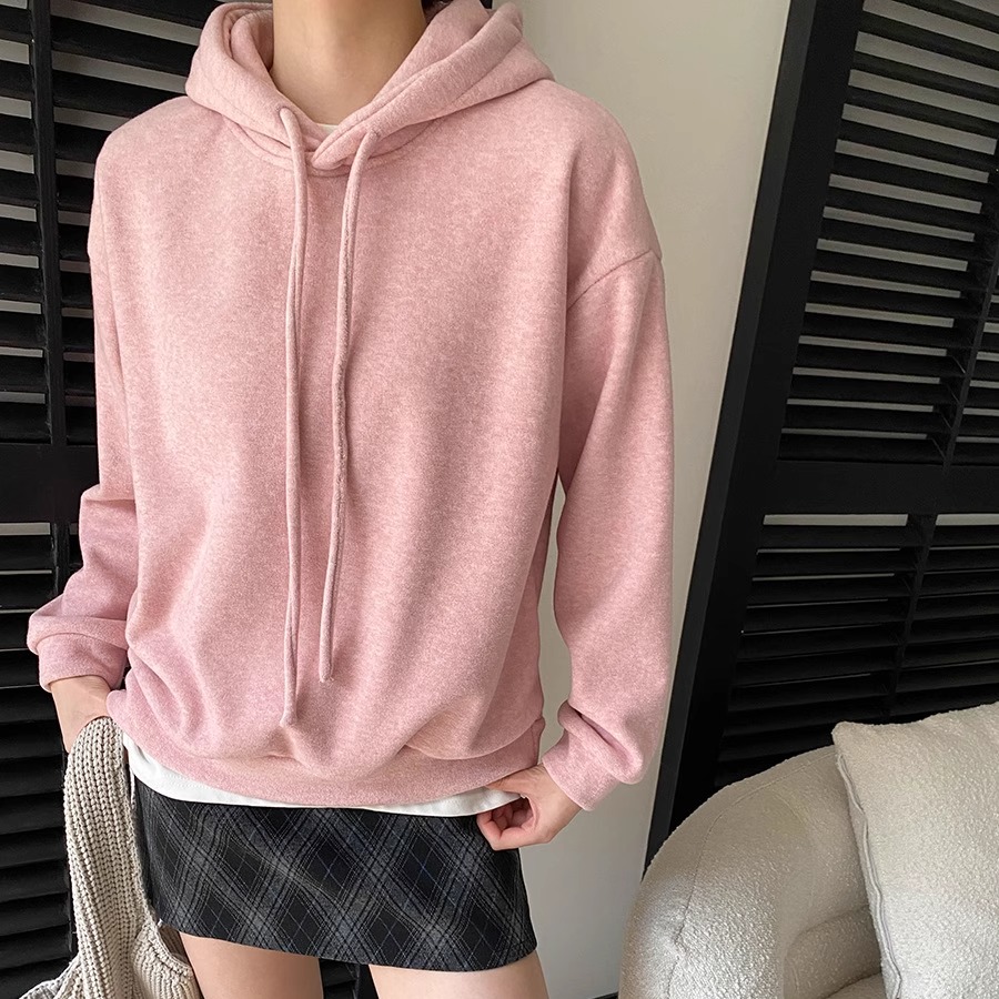 粉色加绒加厚连帽套头卫衣女秋冬