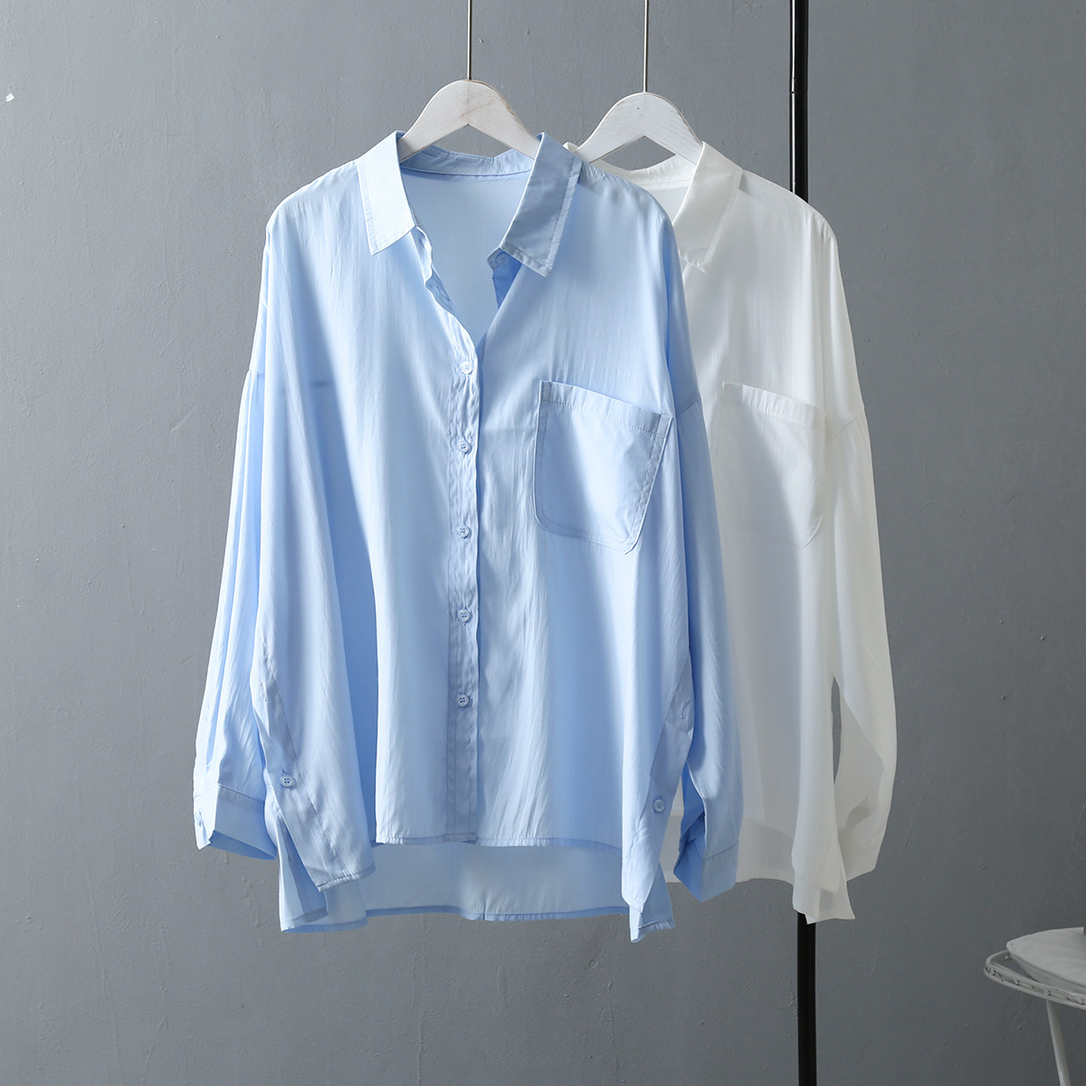 bf风港味单口袋蓝色衬衫女2023春秋新款韩范文艺前短后长休闲上衣