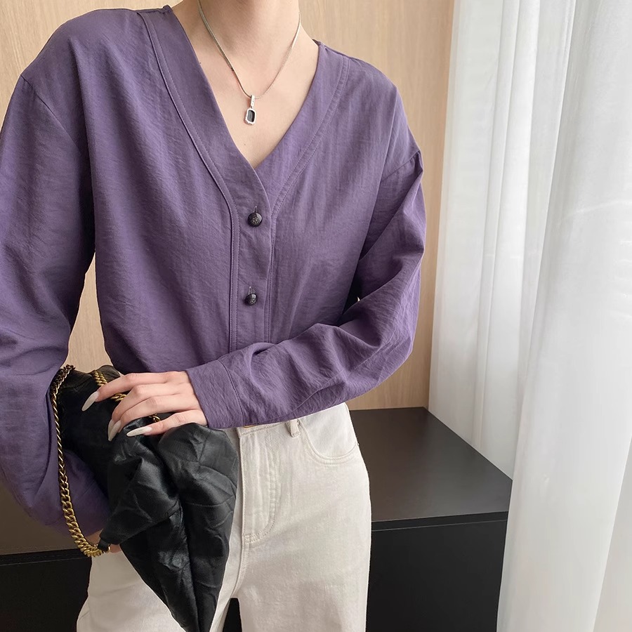 法式亚麻棉混纺V领宽松显瘦衬衫