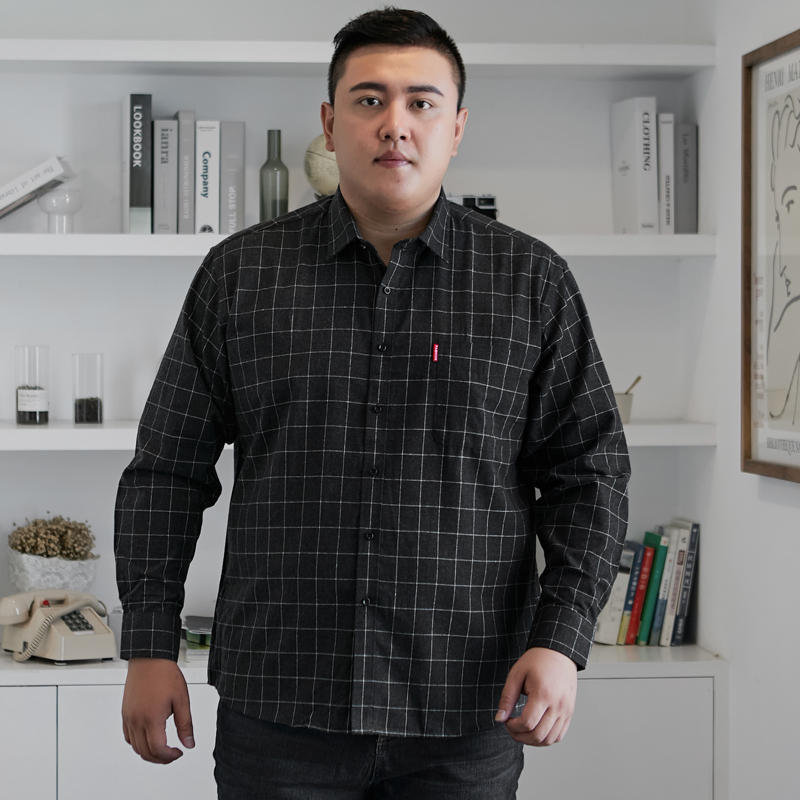超大码秋季加厚长袖衬衫男士胖子宽松加肥加大肥佬胖子格子衬衣男