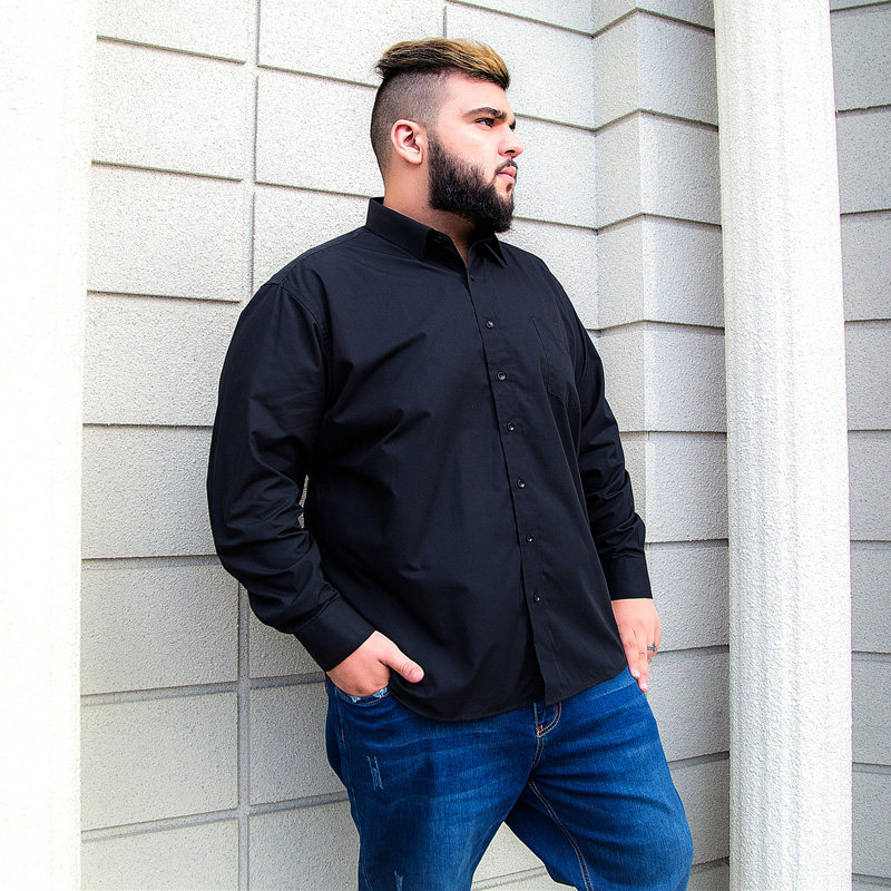 纯黑色大码胖子衬衫男士加肥加大长袖加大码肥佬宽松结婚伴郎衬衣