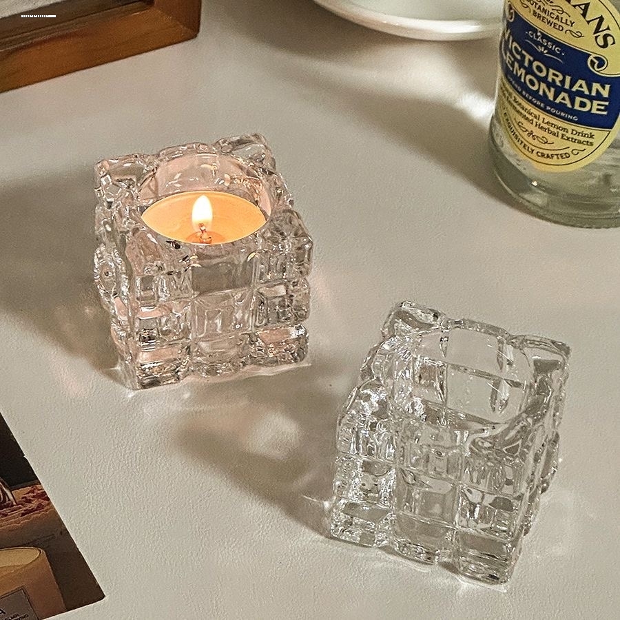 水晶玻璃香薰蜡烛台创意方格水晶灯罩灯饰玻璃四方杯灌蜡玻璃蜡杯
