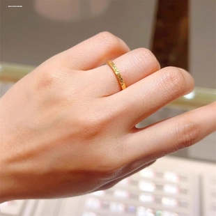 仿真黄金色沙金镀金碎碎冰戒指男女情侣对戒素圈食指戒细款指环