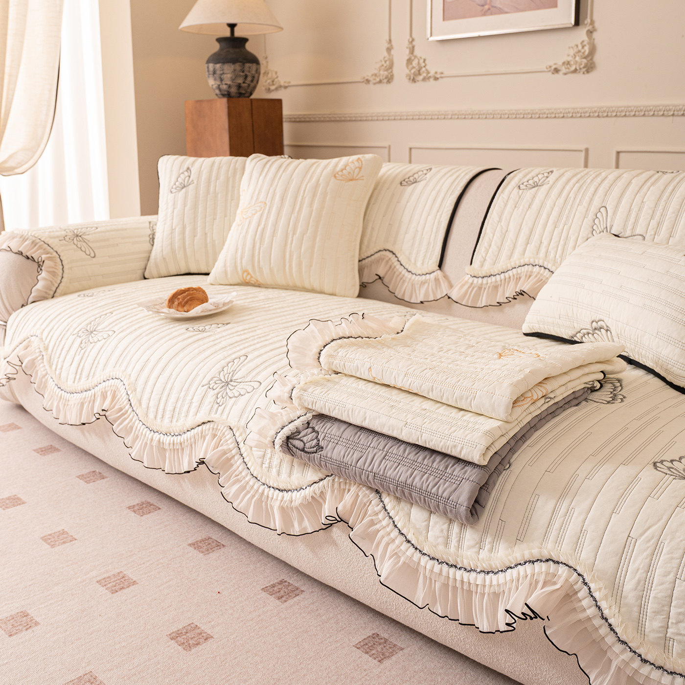 奶油风水洗全棉沙发垫2026新款四季通用直排防滑高级感坐垫子盖布