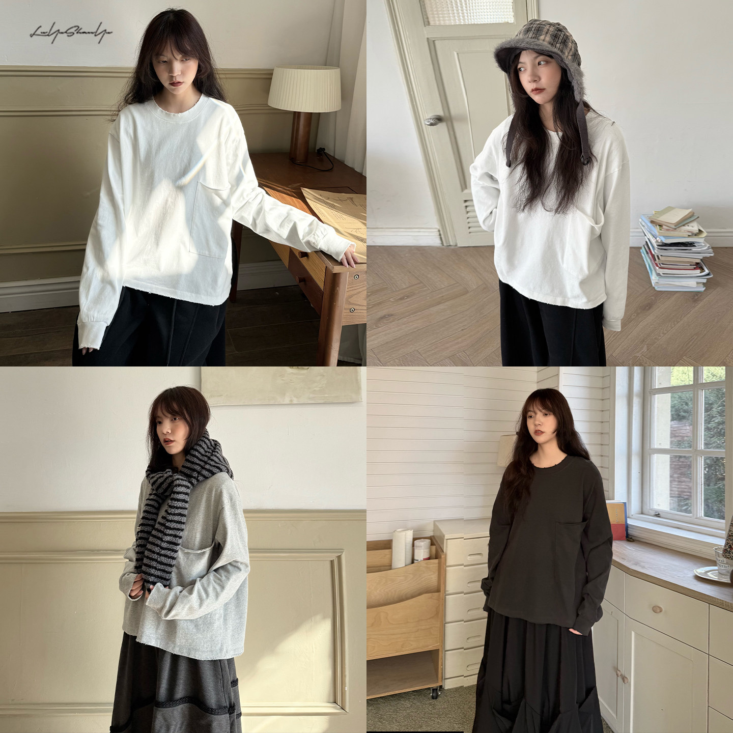 陆与山屿【白桃】慵懒短款胸前口袋磨破毛边白色打底衫女内搭T恤