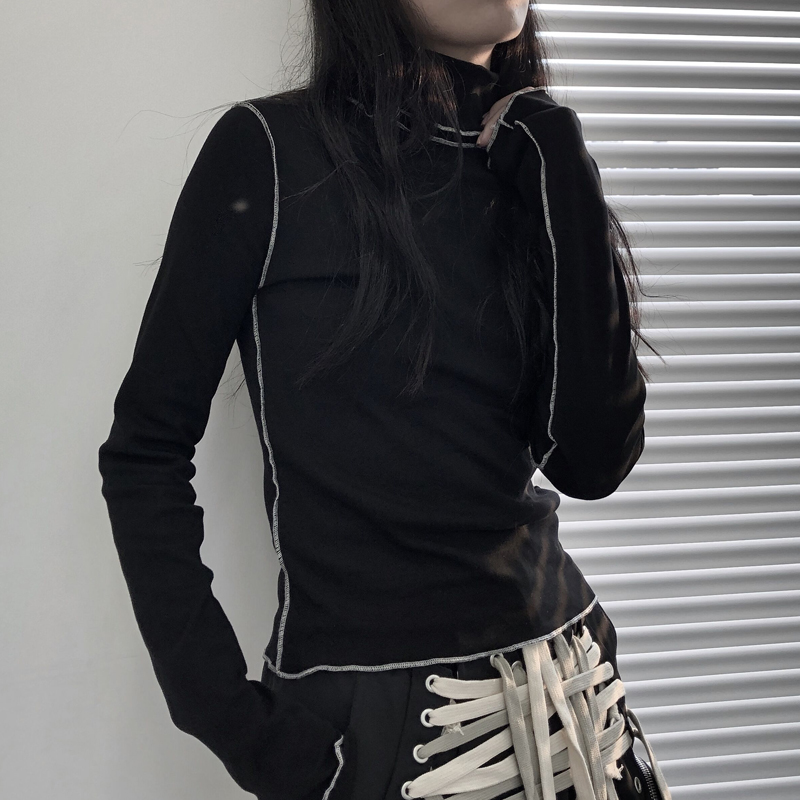 陆与山屿高领花边女士长袖短款