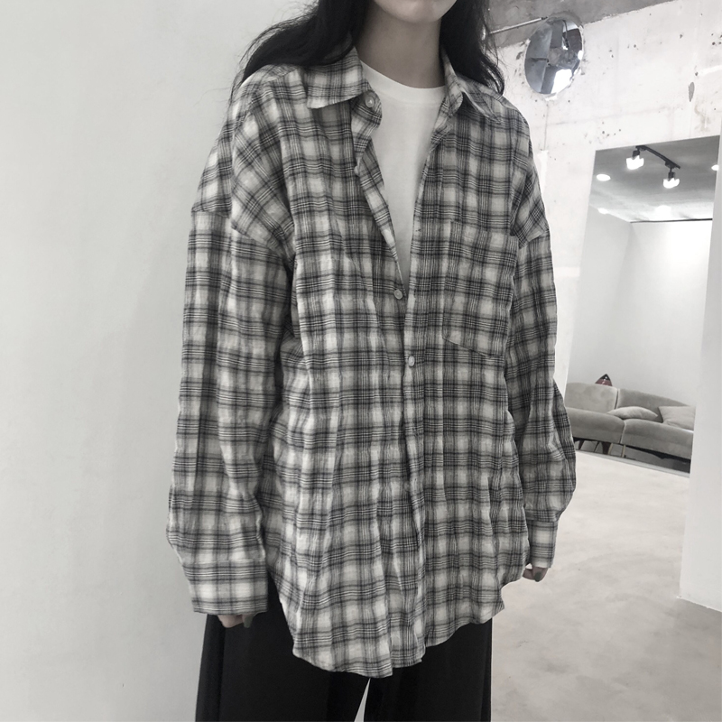 热销24件手慢无陆与山屿秋季新品纯棉品质日系男女好看色系格子宽松长袖衬衫外搭