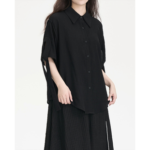 短袖 陆与山屿山本暗黑袖 女装 子夏上衣绑带女士衬衫 黑色衬衣 新中式