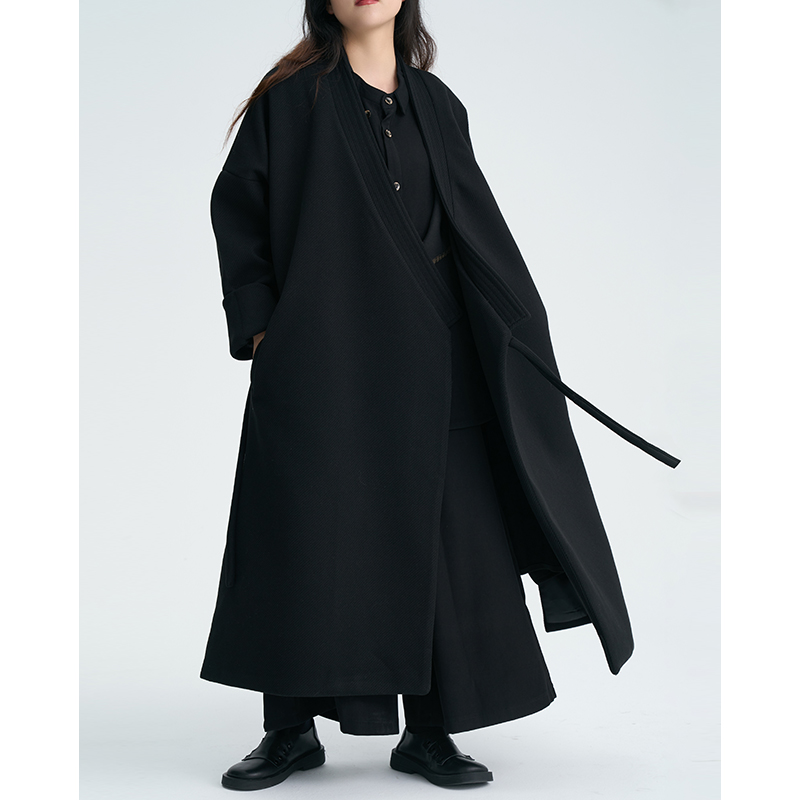 加厚毛呢禅意斜门襟绑带棉服外套