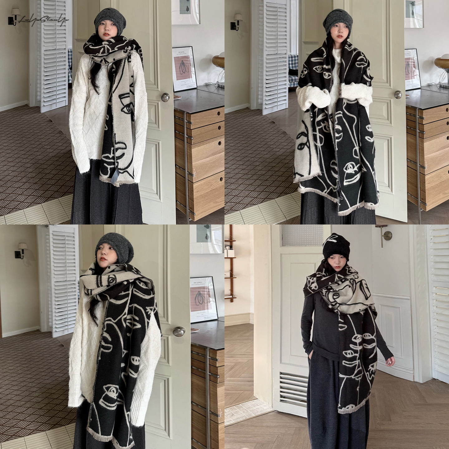 仿羊绒双面手绘线条笑脸围巾披肩